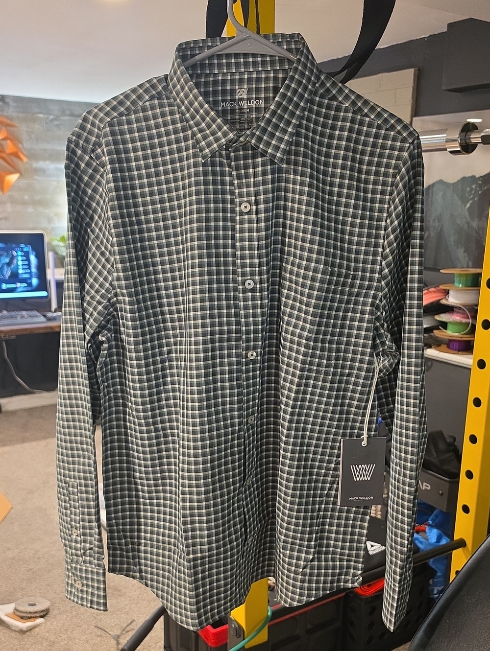 Mack Weldon Airflex Green and White Checked Button-Down Shirt